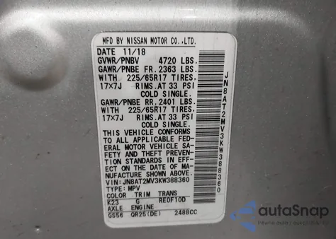 2019 Nissan Rogue S z USA, uszkodzony, nr VIN JN8AT2MV3KW388360